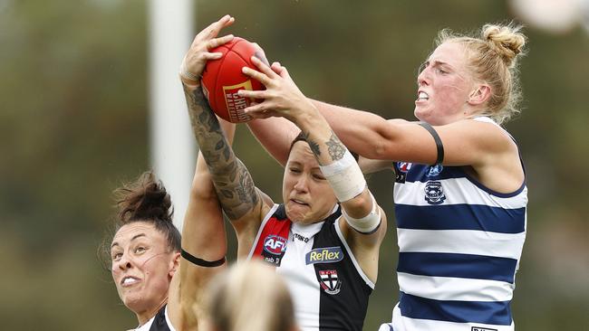 St Kilda’s Bianca Jakobsson takes a strong mark against the Cats. Picture: Darrian Traynor/Getty Images