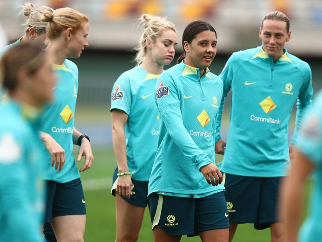 BRISBANE, AUSTRALIA - JULY 17: Sam Kerr during an Australia Matildas training session ahead of the FIFA Women's World Cup Australia &amp; New Zealand 2023 Group B match between Australia and Ireland at Queensland Sport and Athletics Centre on July 17, 2023 in Brisbane, Australia. (Photo by Chris Hyde/Getty Images)