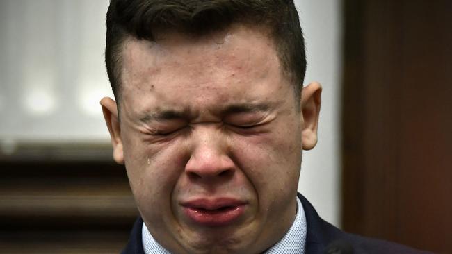 Kyle Rittenhouse breaks down on the stand as he testifies in his murder trial. Picture: AFP