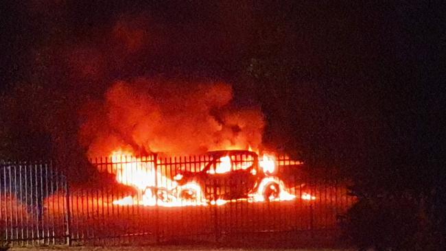 A suspected stolen car on fire at Earlville last week. Picture: Cairns Crimes and Alerts Facebook Page, Karen Cross.