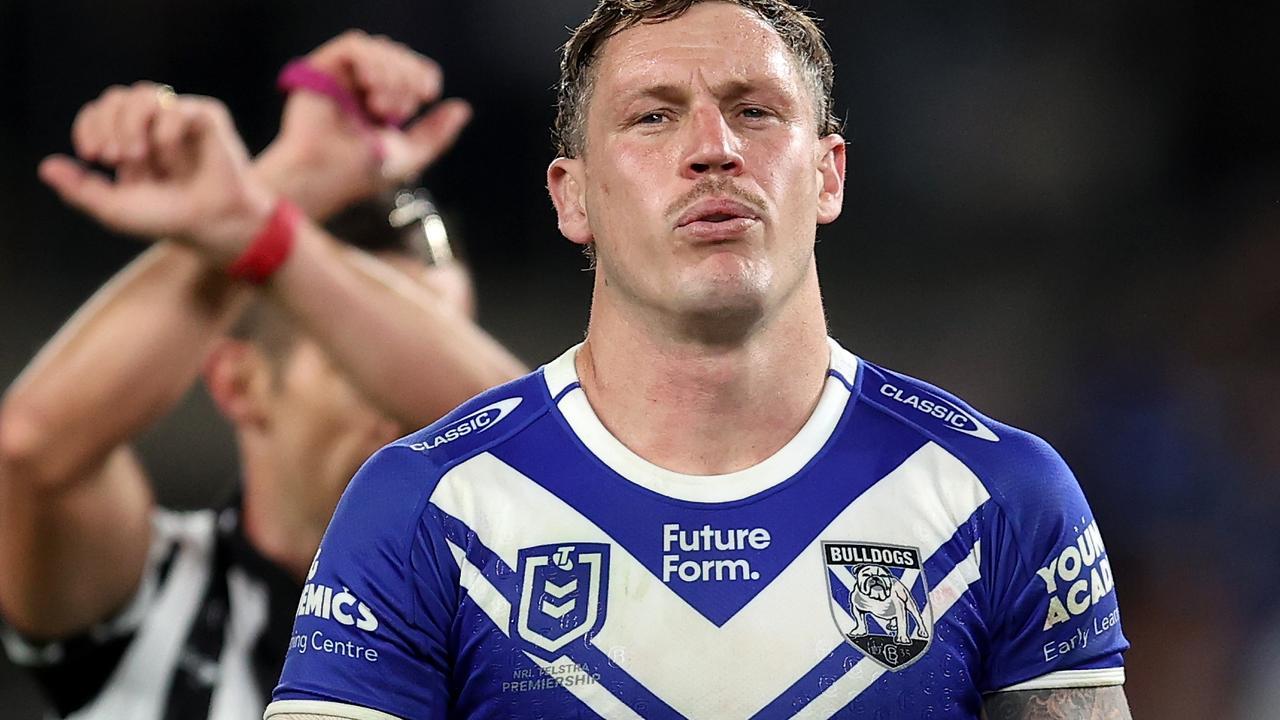SYDNEY, AUSTRALIA - JUNE 10: Kurt Mann of the Bulldogs is placed on report by referee, Peter Gough during the round 14 NRL match between Canterbury Bulldogs and Parramatta Eels at Accor Stadium, on June 10, 2024, in Sydney, Australia. (Photo by Brendon Thorne/Getty Images)