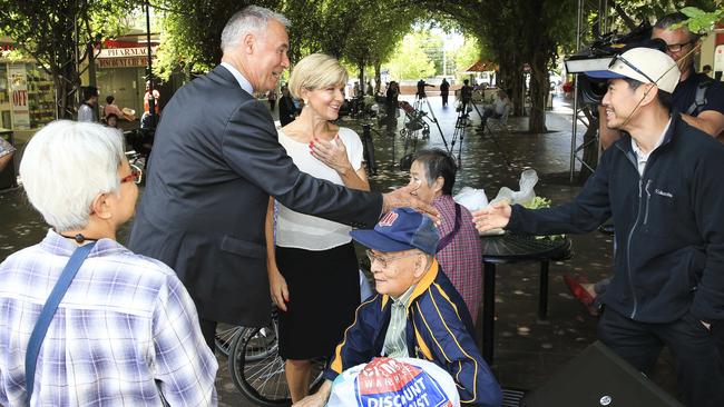 John Alexander and Foreign Minister Julie Bishop meet shoppers at Eastwood plaza. Picture: Dylan Robinson.