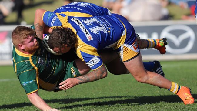 St Patricks backrower Matthew Brown pulls off a crunching tackle. Picture: Steve Montgomery