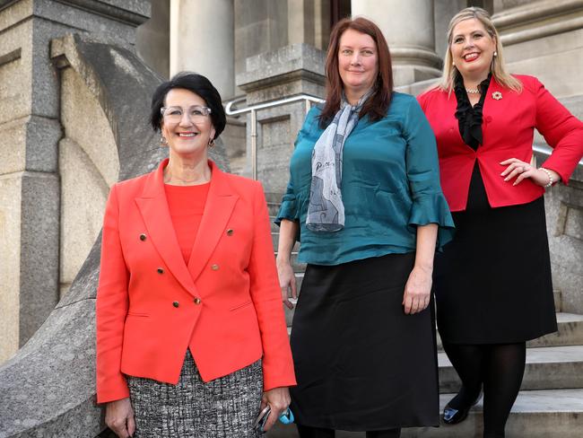 Attorney-General Vickie Chapman, (left) who will champion the push to legalise sex work in South Australia in the Lower House, with Greens MP Tammy Franks and Labor’s Katrine Hildyard.