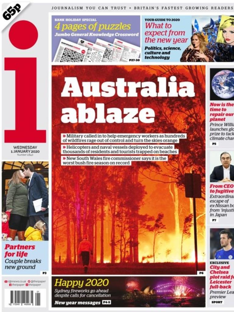 The I newspaper in the UK highlights the Australian bushfires on its front page.