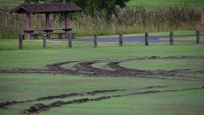 Hoons left deep tyre tracks from a series of doughnuts at Terry West Athletics Field in Barnier Park, Junction Hill on Friday night, 19th March, 2021. Photo Bill North / The Daily Examiner