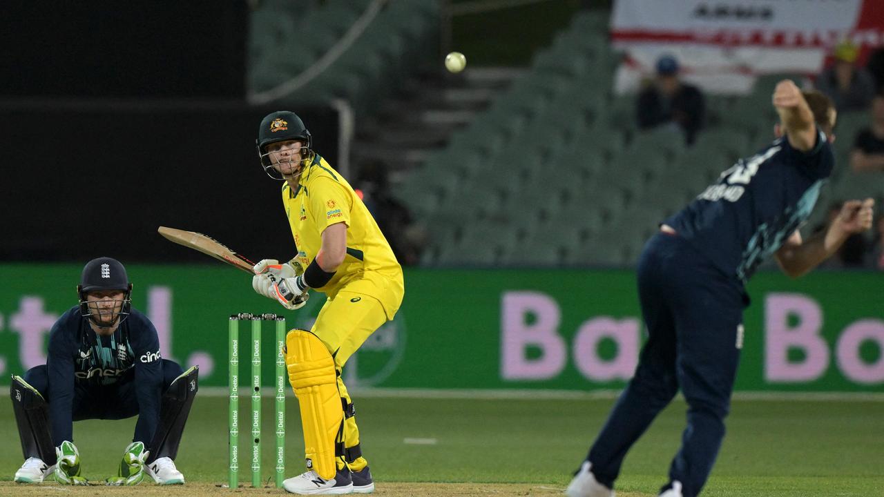 Smith showed off a new batting technique, appearing much calmer and less fidgety at the crease than usual. Picture: AFP.