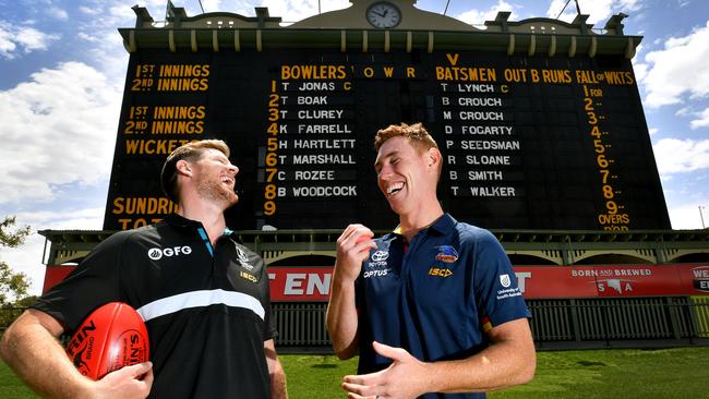 Port Adelaide’s Tom Jonas and Adelaide’s Tom Lynch will captain their respective sides in the Bushfire T20 Showdown cricket game at Adelaide Oval on February 2. Picture: AAP/Sam Wundke