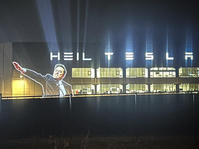 Protesters used projectors on Tesla's factory in Berlin. Picture: X.com/Politicalbeauty