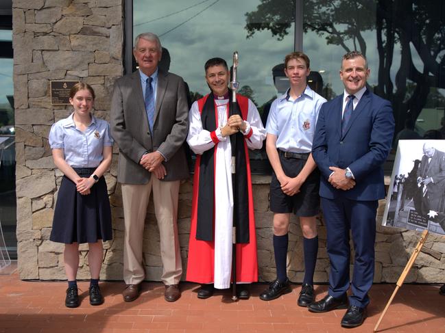 Mehar Fegan (head girl) Mac Drysdale,  (Chair of School Council), Most Reverend Jeremy Greaves (Archbisop of Brisbane), Dominic Faggotter, (head boy) and Simon Lees (Head of School) Toowoomba Anglican School opens Connal Building. Friday, March 15, 2024. Picture: Christine Schindler