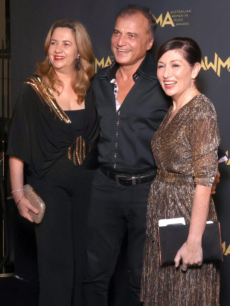 Premier Annastacia Palaszczuk with partner Reza Adib and Arts Minister Leeanne Enoch at the Australian Women in Music Awards at the Tivoli, Brisbane. Picture: Steve Pohlner