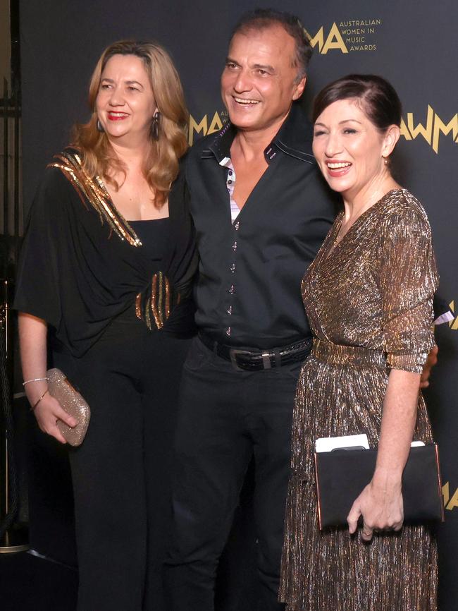Premier Annastacia Palaszczuk with partner Reza Adib and Arts Minister Leeanne Enoch at the Australian Women in Music Awards at the Tivoli, Brisbane. Picture: Steve Pohlner