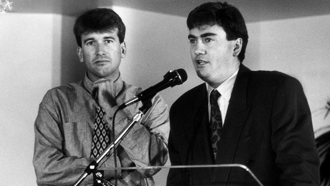 Stephen Quatermain with former colleague Eddie McGuire in 1991.