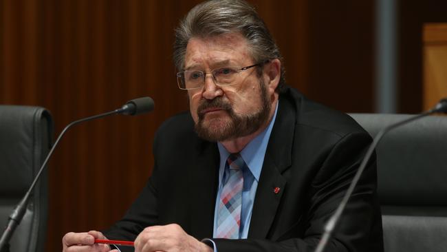 Senator Derryn Hinch asking questions during the Carly’s Law senate hearing. Picture: Kym Smith