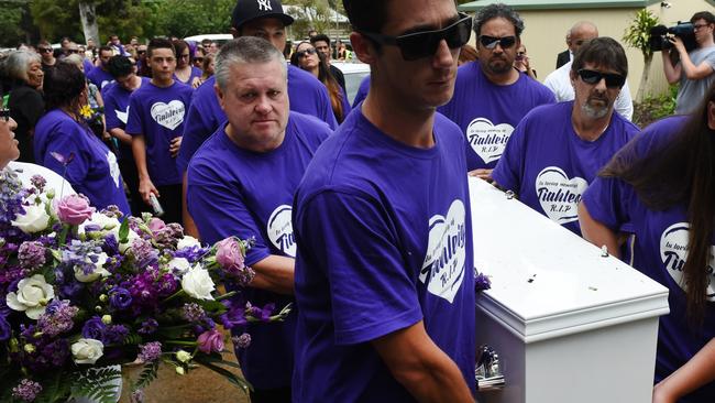 Pallbearers, including accused killer Rick Thorburn, carry the coffin of murdered schoolgirl Tiahleigh Palmer during her funeral. Picture: Dan Peled/AAP