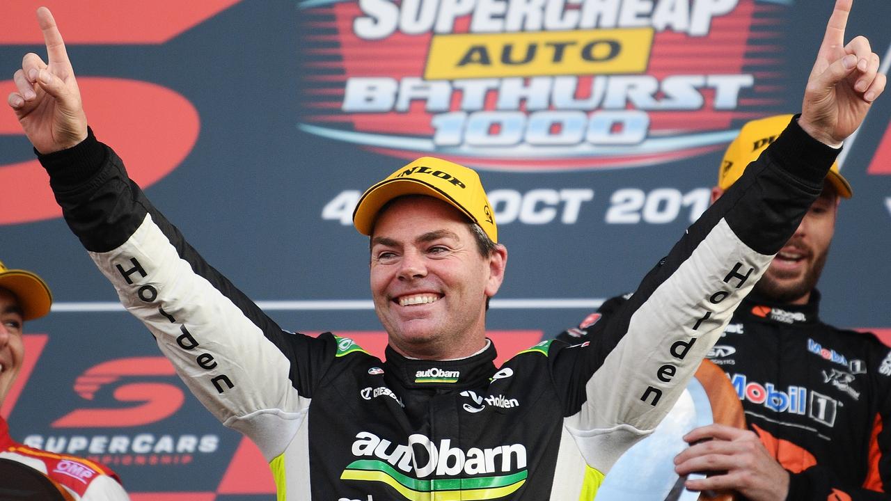 Craig Lowndes celebrates after winning last year’s Bathurst 1000. Picture: Daniel Kalisz