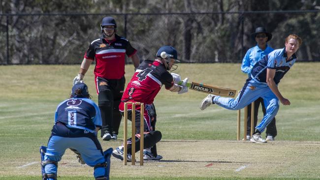 Daniel Brown gets this ball past Brendan Handley batting for Wide Bay. DDSWQ vs Wide Bay, Schaeffer Shield Cricket. Sunday. 15th Nov 2020