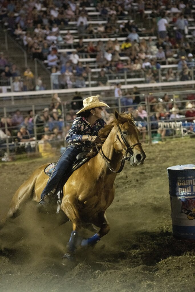 Action from the women's barrel racing at the Lawrence Twilight Rodeo. Picture: Adam Hourigan