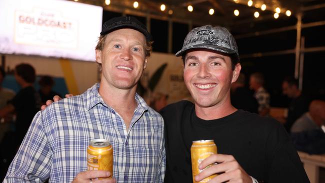 Tom Ford and Jett North at the WSL Gold Coast Pro 2025 after party at Burleigh Pavilion for Gold Coast at Large. Picture, Portia Large.