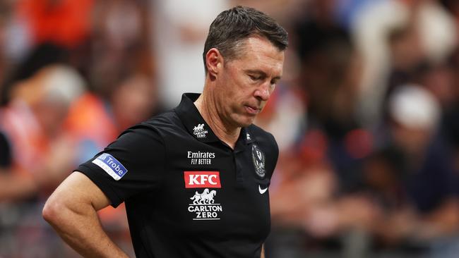 SYDNEY, AUSTRALIA - MARCH 09:  Magpies head coach Craig McRae looks dejected after the final siren during the AFL Opening Round match between Greater Western Sydney Giants and Collingwood Magpies at ENGIE Stadium, on March 09, 2024, in Sydney, Australia. (Photo by Matt King/AFL Photos/via Getty Images )