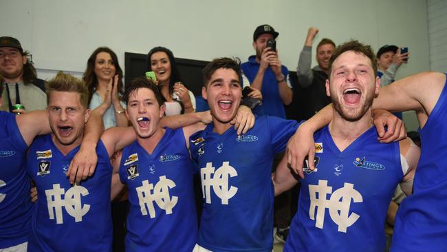 Hastings players belt out the club song after seeing off Rosebud. Picture: Chris Eastman