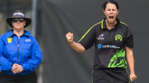 Box Hill’s Hayleigh Brennan celebrates one of her five wickets in the Premier women’s grand final against Dandenong.