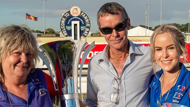 Trainer Gary Clarke with wife Sharlene Clarke and daughter Ella Clarke after winning the 2022 Palmerston Sprint with Syncline. Picture: Caroline Camilleri