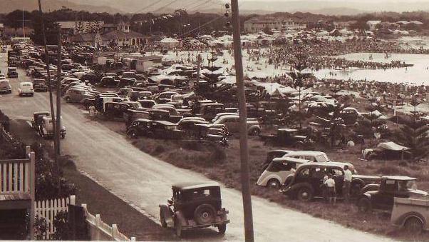 Traffic at Burleigh Heads in a historic photo from an unknown date in the 1930s.