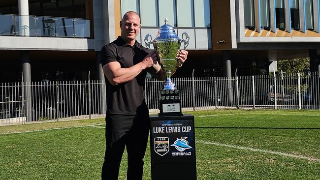 Luke Lewis with the Luke Lewis Cup ahead of the inaugural representative match between Cronulla Junior Rugby League (CJRL) and Penrith Juniors at Sutherland Oval on Saturday 8 June, 2024  Picture: Tom Gibbs, NSWRL