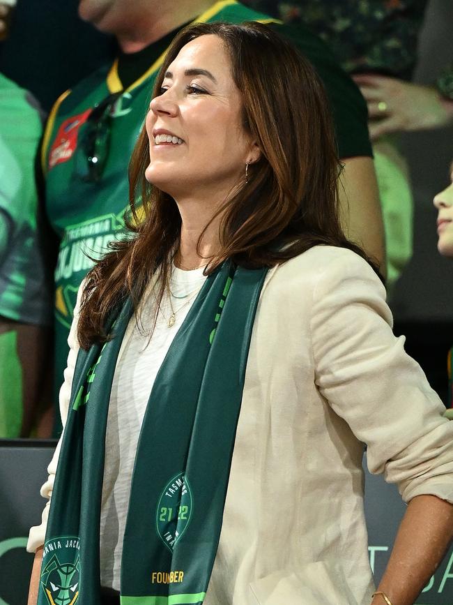 HOBART, AUSTRALIA - DECEMBER 26: Princess Mary of Denmark is seen during the round 12 NBL match between Tasmania Jackjumpers and New Zealand Breakers at MyState Bank Arena, on December 26, 2022, in Hobart, Australia. (Photo by Steve Bell/Getty Images)