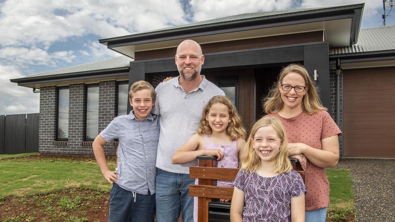 (From left) Harrison, Lucas, Alexis, Sophia and Helena Wiersma love their new house in Highfields. Picture: Nev Madsen