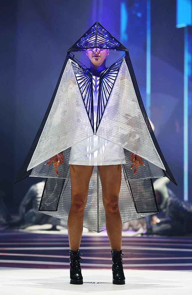 Futuristic Fashion Technology by Fatemeh Delkhah from Iran is modelled in the Avant-garde Section. This creation won the Dame Suzie Moncrieff Award. Picture: Hagen Hopkins/Getty Images for World of WearableArt