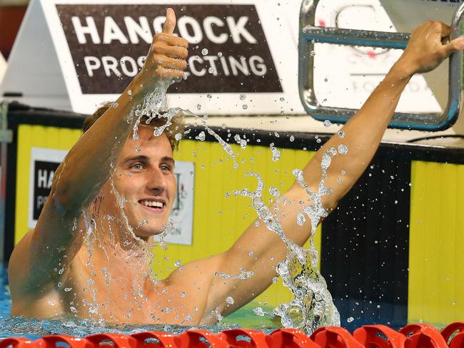 Cameron McEvoy celebrates after winning the 50m freestyle final.