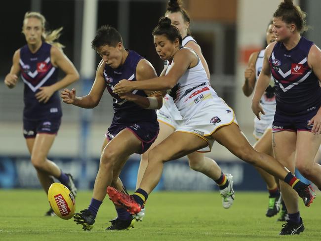 Ruth Wallace in action for the Crows against Fremantle during the 2018 season. PHOTO: AAP Image/Glenn Campbell