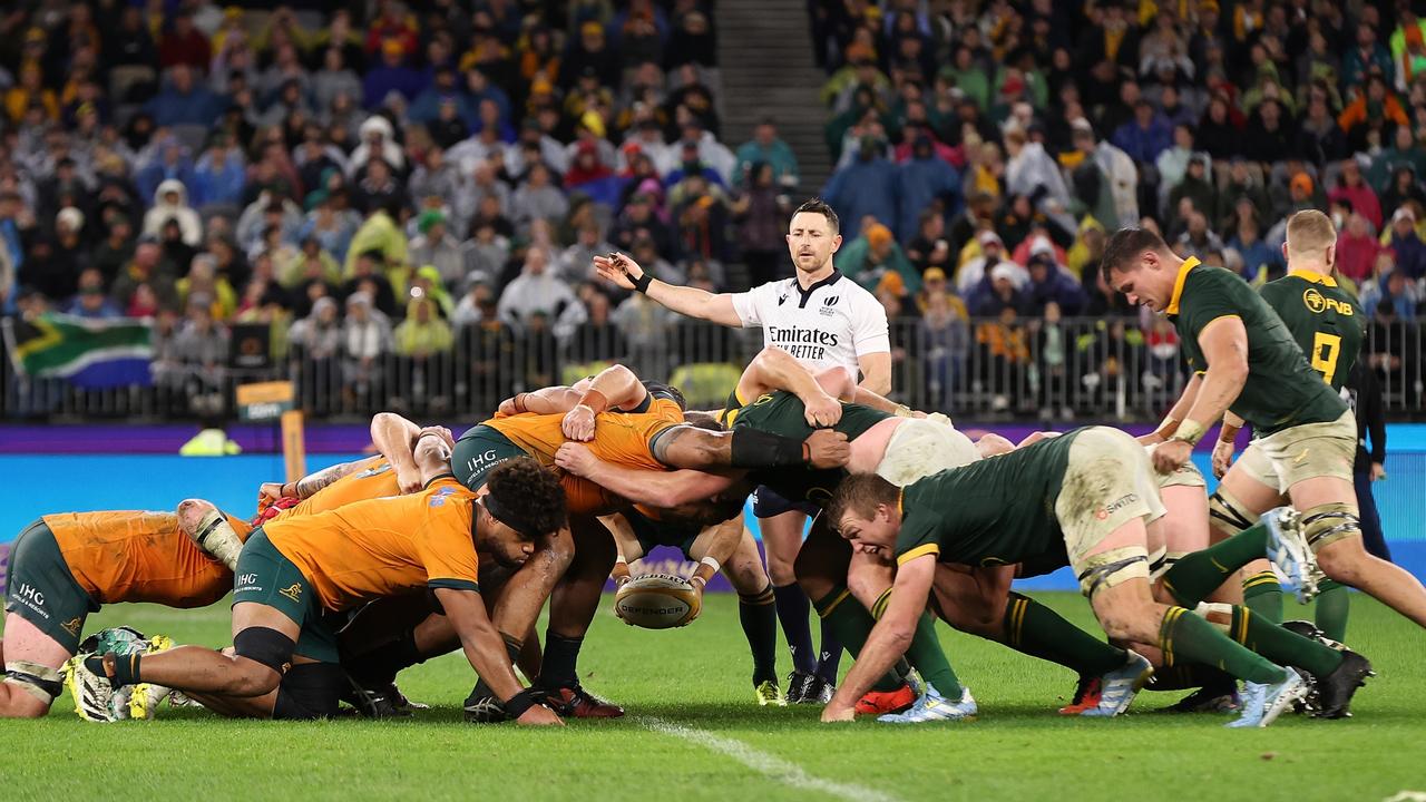 The Wallabies and South Africa pack a scrum in Perth. (Photo by Paul Kane/Getty Images)