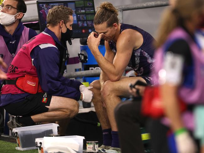 A despondent Nat Fyfe on the Dockers’ bench. Picture: Getty Images