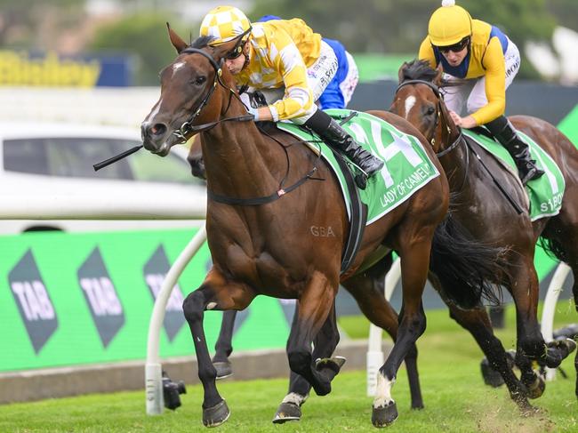 TAB GOLDEN SLIPPER Race 8 - Rosehill Gardens, 23/03/2024, Winner - Lady Of Camelot, Jockey - Blake Shinn, with Storm Boy (Ryan Moore) following. Picture: Bradley Photos