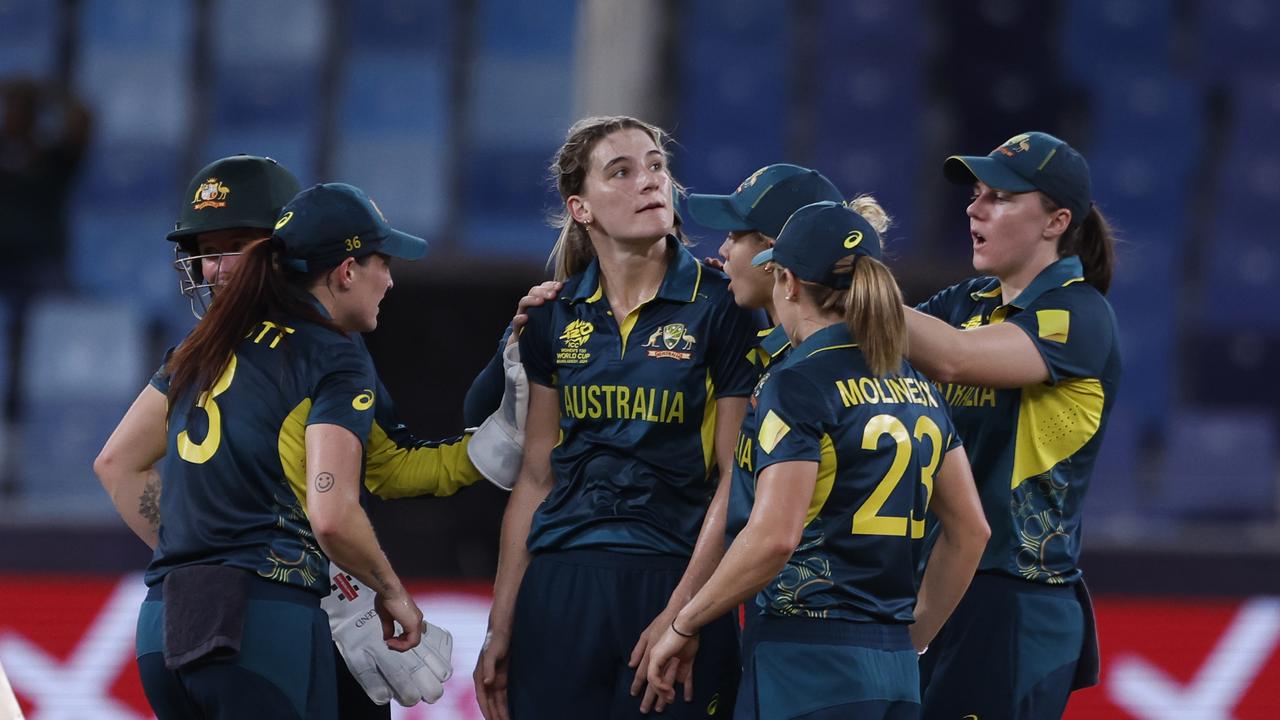 Annabel Sutherland (2-26) was the only Australian bowler to claim wickets as South Africa cruised home with 16 balls to spare to eliminate the tournament favourites. Picture: Pankaj Nangia / Getty Images