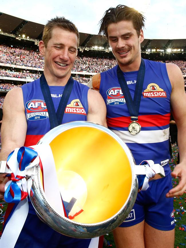 Dale Morris and Tom Boyd with the premiership cup. Picture: Getty Images