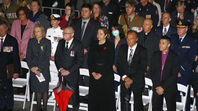 Dignitaries including Queensland Governor Dr Jeannette Young and her husband Professor Graeme Nimmo and Premier Annastacia Palaszczuk and her partner Dr Reza Adib during the Anzac Day Dawn Service at the Shrine of Remembrance in Anzac Square, Brisbane. Picture: NCA NewsWire/Tertius Pickard