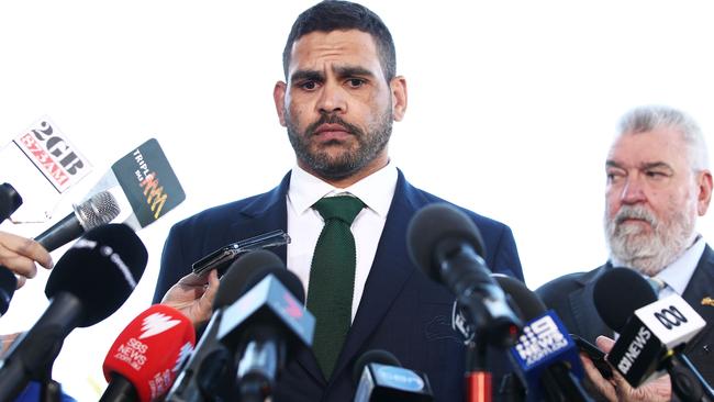 Greg Inglis speaks to the media after he was charged with drink driving. Picture: Matt King