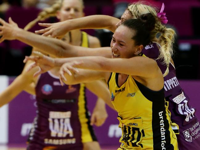 Firebirds v Pulse netball. Gretel Tippett puts pressure on Jacinta Messer. Pic Mark Calleja