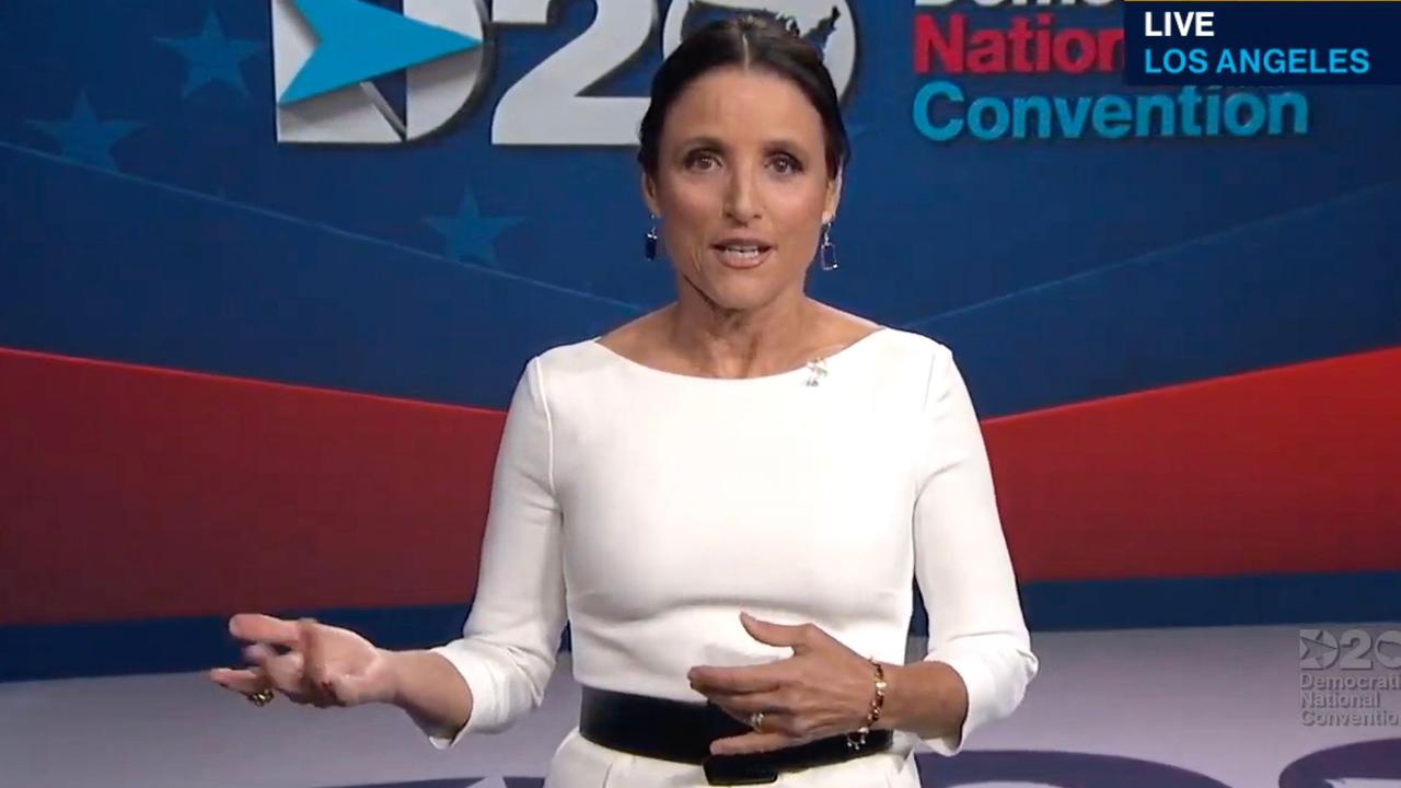 Julia Louis-Dreyfus called President Donald Trump a ‘cheater’ on the final night of the Democratic National Convention. Picture: AFP