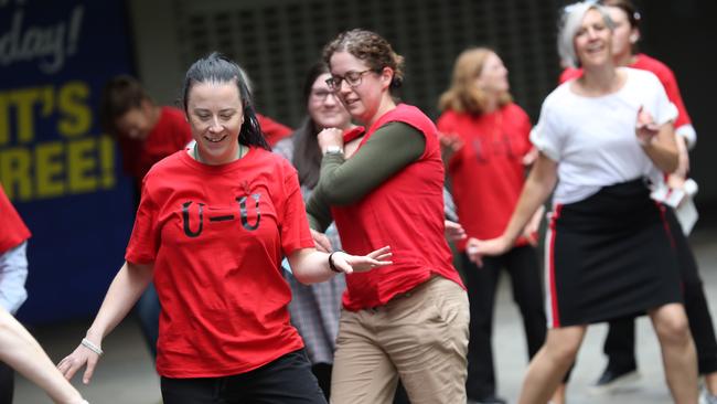 Barwon Health staff getting in the Jungle Body groove in Little Malop Street in the lead up to World AIDS Day on 1 December 1. Picture: Alan Barber