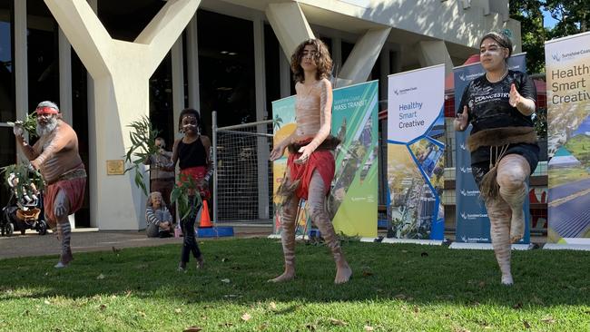 Gubbi Gubbi Dance members (from left) Robbie Peters, Ayla Carrington-Sanson, 11, Jahmarly Davis, 13 and Yeelara Chilly perform at a NAIDOC Week ceremony in Nambour. Picture: Stuart Cumming