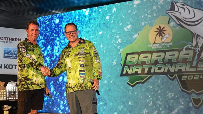 Palmerston Game Fishing Club president Darryl Smart and Solomon MP Luke Gosling at the 2024 Barra Nationals. Photo: Rebecca Vale