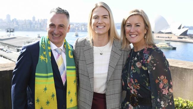 Diamonds captain Caitlin Bassett (middle) and Netball Australia chief executive Marne Fechner have had their pay cut. Picture: Darren Leigh Roberts