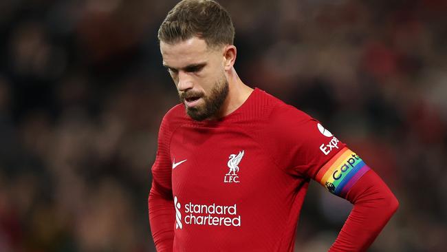 Jordan Henderson looks lost. Photo by Nathan Stirk/Getty Images.