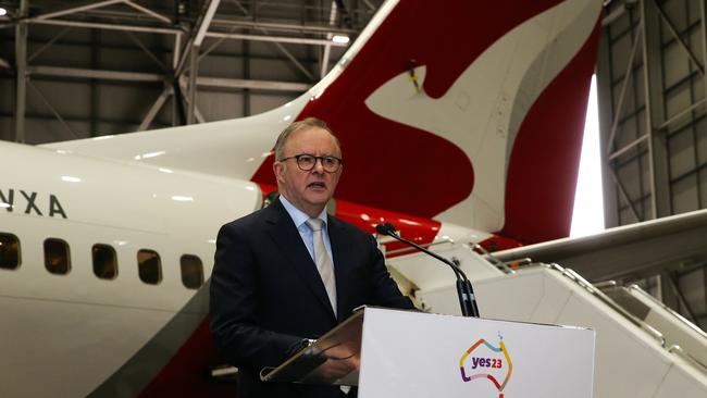 Prime Minister, Anthony Albanese gives a speech at the launch of the Qantas 'Yes' Campaign in Sydney in August. Picture: NCA Newswire / Gaye Gerard