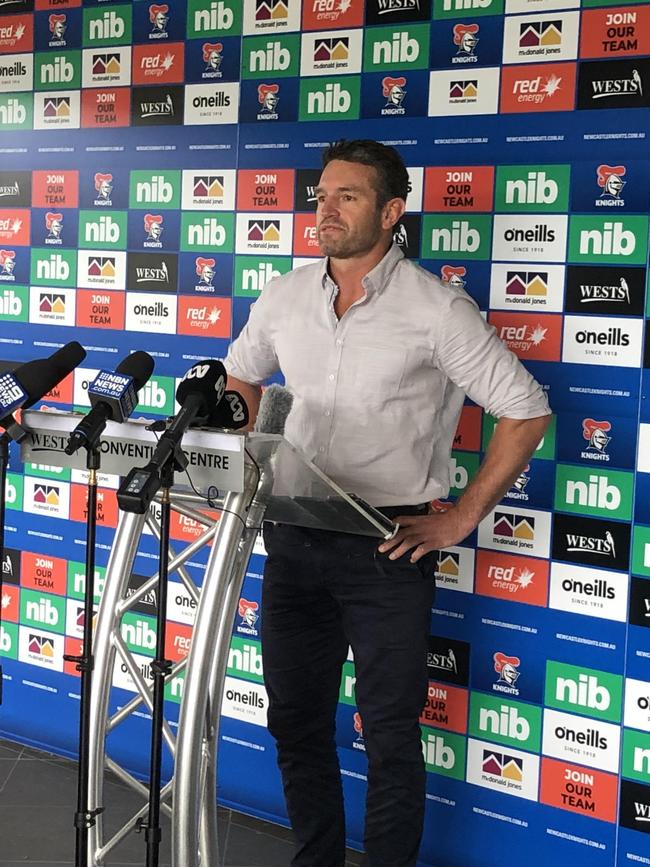 Danny Buderus, General Manager of Football at Newcastle Knights, addressed media about the Pearce scandal. Picture: Amy Ziniak